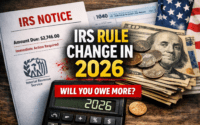 IRS rule change in 2026 showing tax notice, calculator, and US dollar bills explaining how much Americans may owe